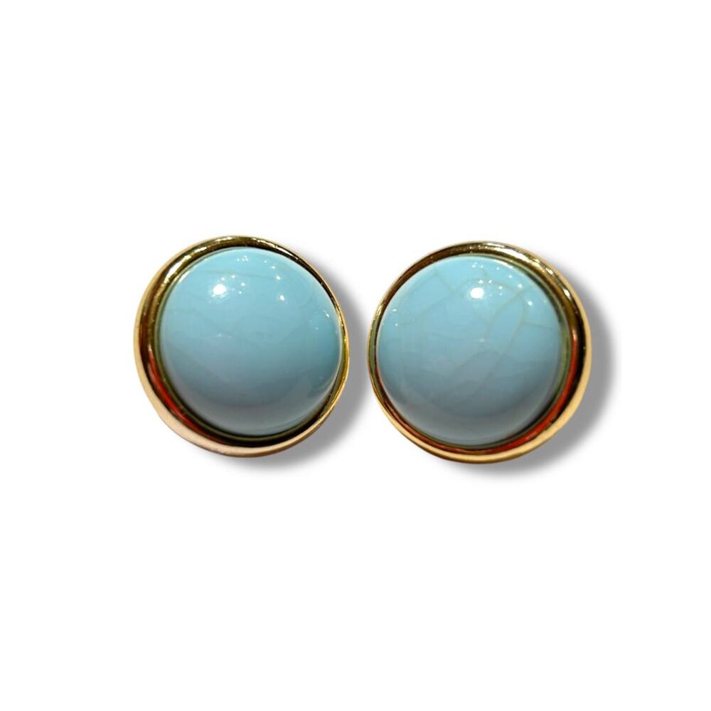 Vintage Goldtone Marbled Blue Post Pierced Earrings .9" Diameter